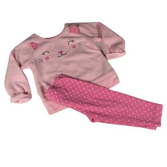 👣 5/$25 - Pink Fleece 2 Piece Kitty/Heart Outfit - Picture 1 of 1